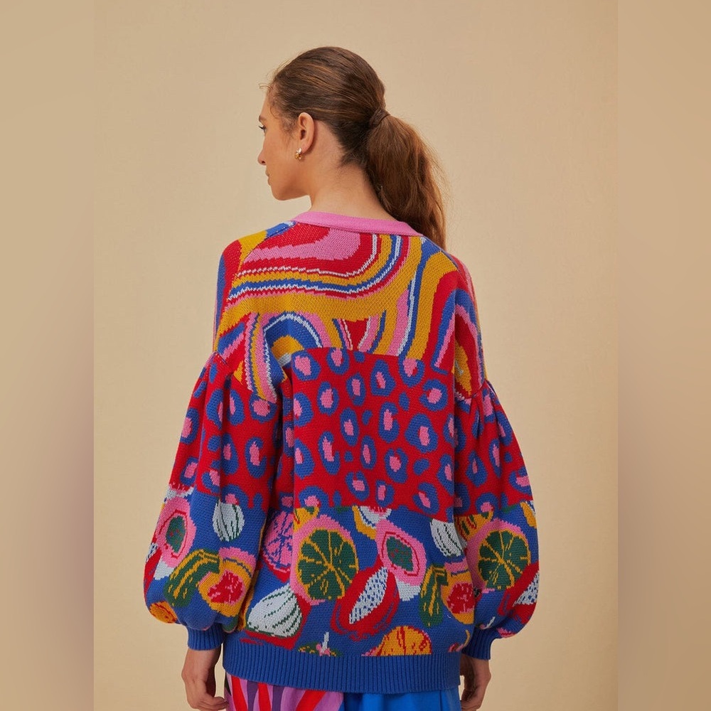 FARM Rio Multicolor Patchwork Knit Cardigan - Red, Blue, Pink, Yellow, Green - Picture 3 of 13